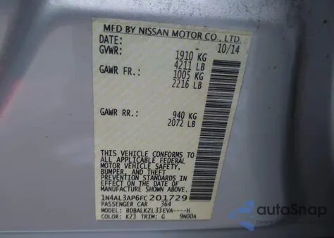 2015 Nissan Altima 2.5 Sv from USA, damaged, VIN 1N4AL3AP6FC201729